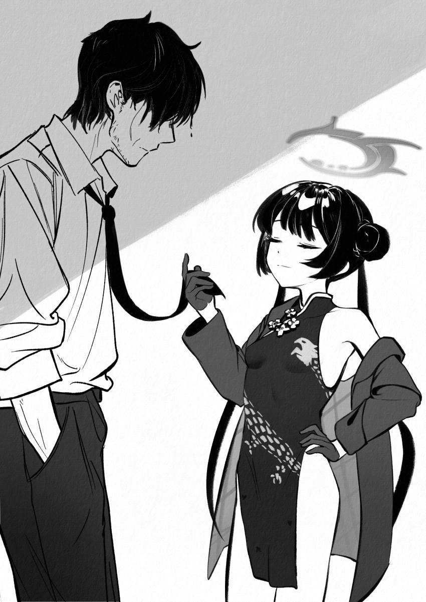 1boy, 1girl, absurdres, blue_archive, breasts, china_dress, chinese_clothes, closed_eyes