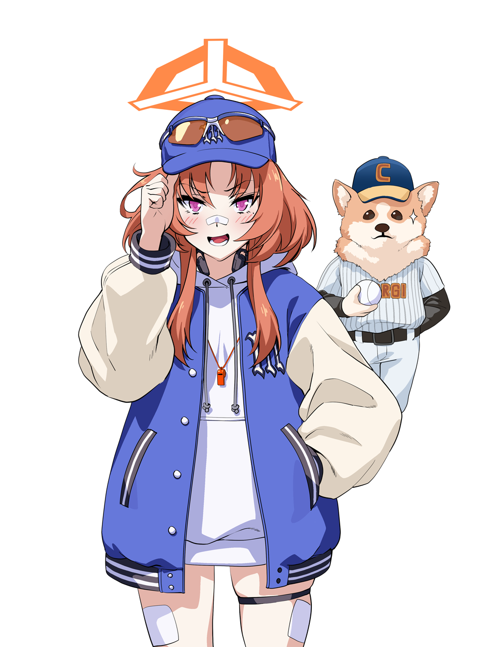 1boy, 1girl, bandaid, bandaid_on_face, bandaid_on_nose, baseball_cap, baseball_uniform, blue_archive