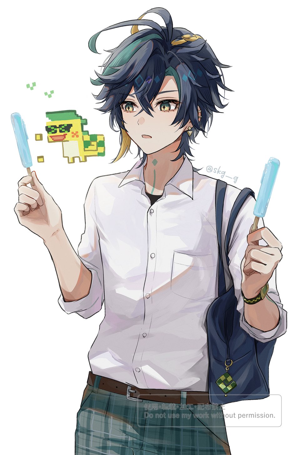 1boy, 1other, ajaw_(genshin_impact), alternate_costume, bag, belt, black_hair, blonde_hair, ear_piercing, earrings, genshin_impact, green_pants, hair_between_eyes, highres, jewelry, kinich_(genshin_impact), male_focus, multicolored_hair, neck_tattoo, open_mouth, pants, piercing, shirt, short_hair, shoulder_bag, skg_g, streaked_hair, tattoo, white_background, white_shirt