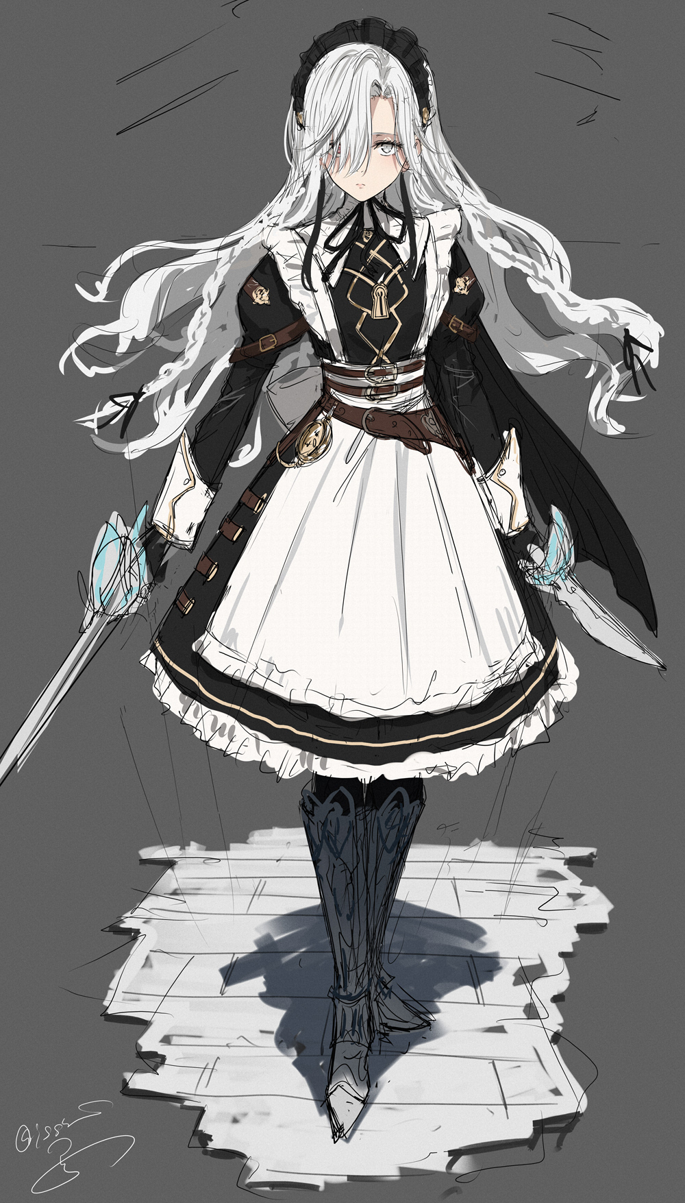 1girl, apron, arm_armor, armor, belt, black_headdress, dagger, dual_wielding