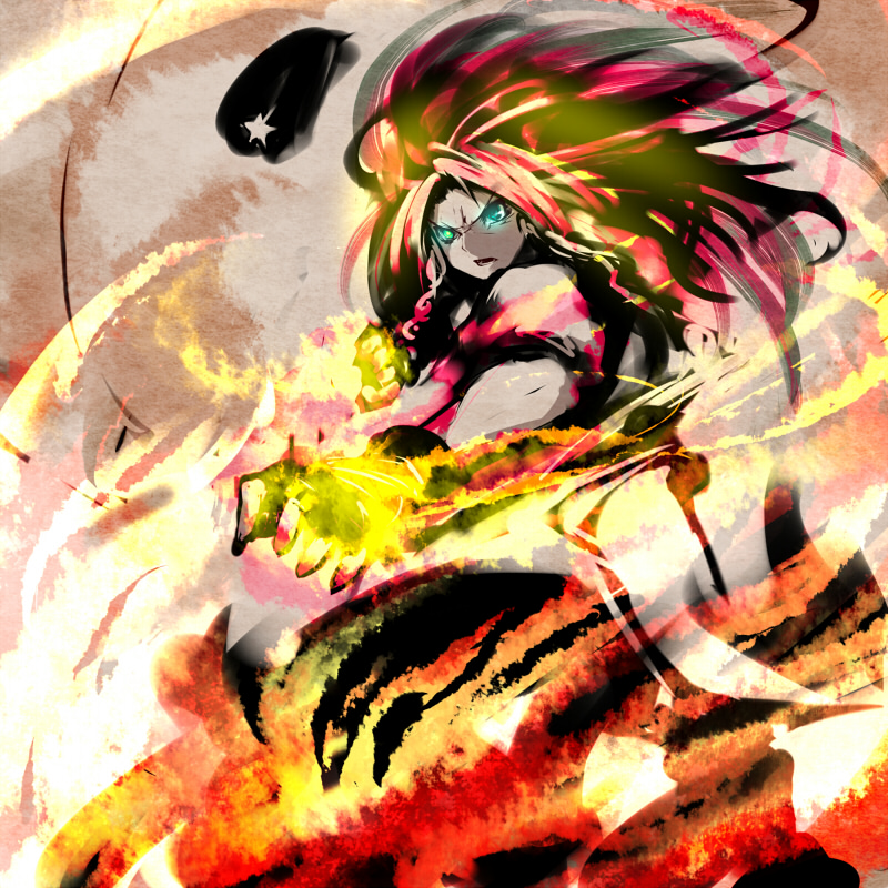 aqua_eyes, aura, braid, burning_hand, burning_hands, ex-meiling, faux_traditional_media, fighting_stance