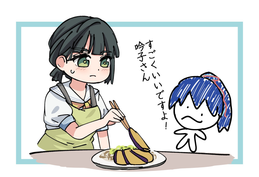 ._., 2girls, black_hair, blush, chibi, chibi_inset, chopsticks, commentary