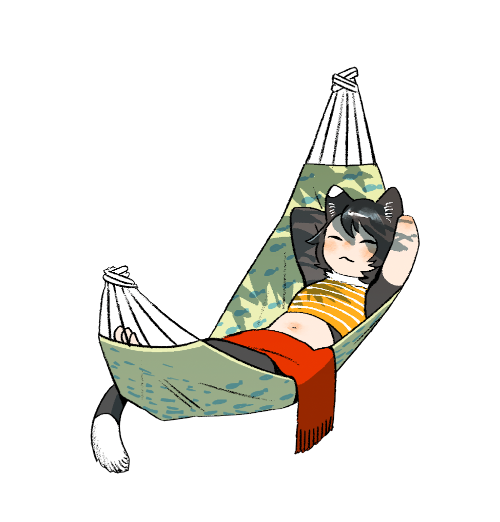 1girl, animal_ears, arms_behind_head, barefoot, black_hair, cat_ears, cat_girl, cat_tail