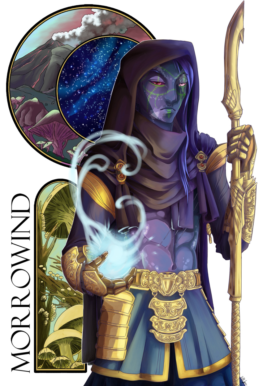 1boy, abs, blue_hair, blue_skin, colored_sclera, colored_skin, dark_elf, elf