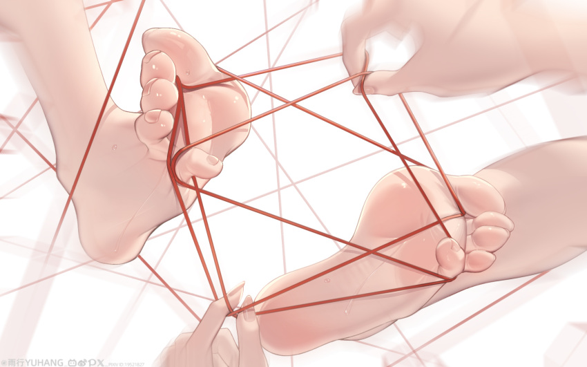 barefoot, cat's_cradle, chinese_text, feet, highres, holding, legs, original