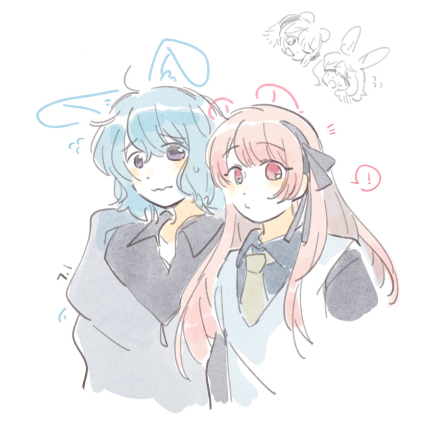2girls, ame_demo_hare_demo, animal_ears, bear_ears, black_hairband, black_shirt, blue_hair, collared_shirt
