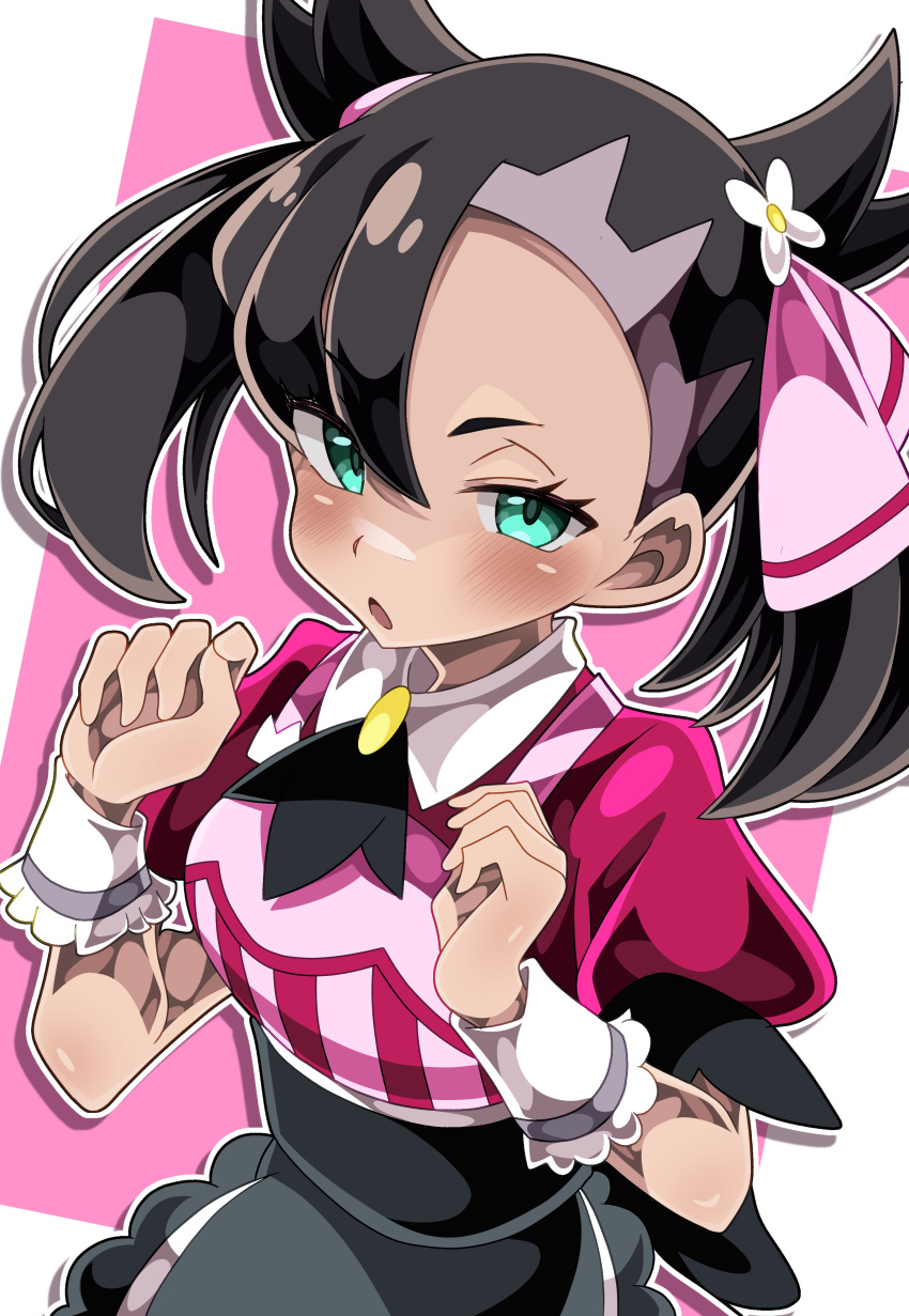 1girl, :o, absurdres, apron, asymmetrical_bangs, black_apron, black_hair, blush