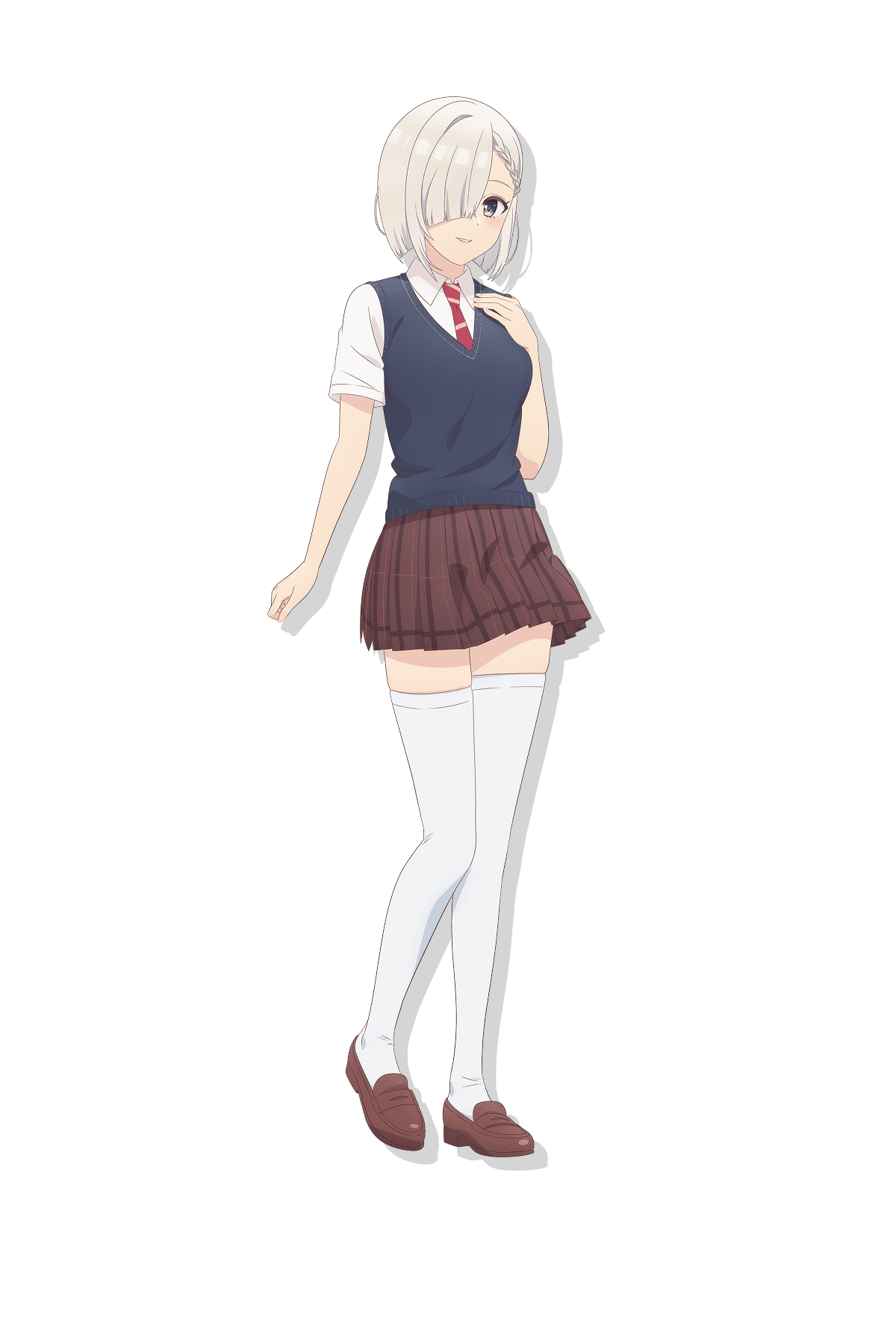 1girl, anime_coloring, blue_sweater_vest, blush, braid, breasts, brown_shoes, clenched_hand