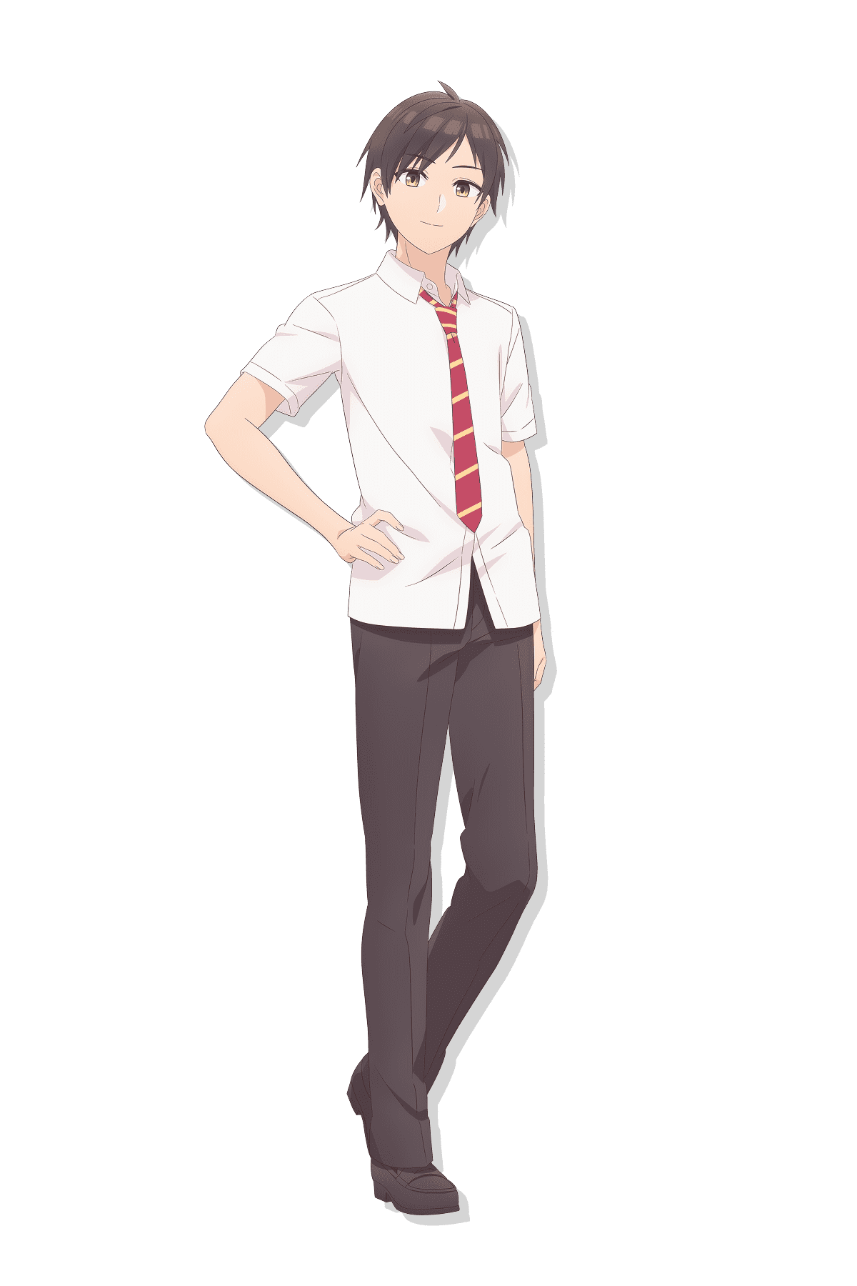 1boy, ahoge, anime_coloring, black_hair, brown_eyes, brown_pants, brown_shoes, closed_mouth