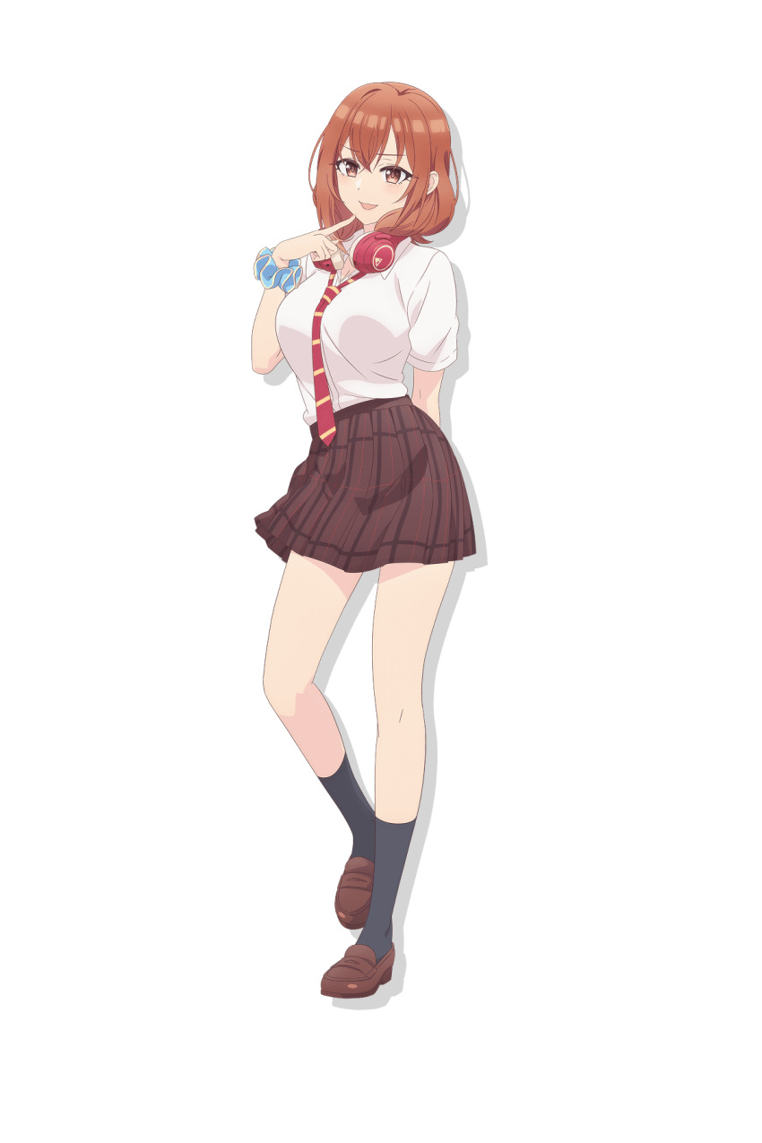 1girl, anime_coloring, arm_behind_back, black_socks, blue_scrunchie, blush, breasts, brown_eyes