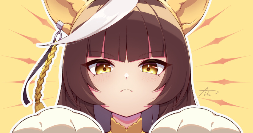 1girl, animal_ears, animal_hands, blunt_bangs, brown_hair, calstone_light_o_(umamusume), frown, gloves, highres, horse_ears, ice_cream_(aisu_aisu_9898), light_blush, looking_at_viewer, multicolored_hair, outline, paw_gloves, portrait, sidelocks, signature, simple_background, solo, streaked_hair, umamusume, v-shaped_eyebrows, white_hair, white_outline, yellow_background, yellow_eyes