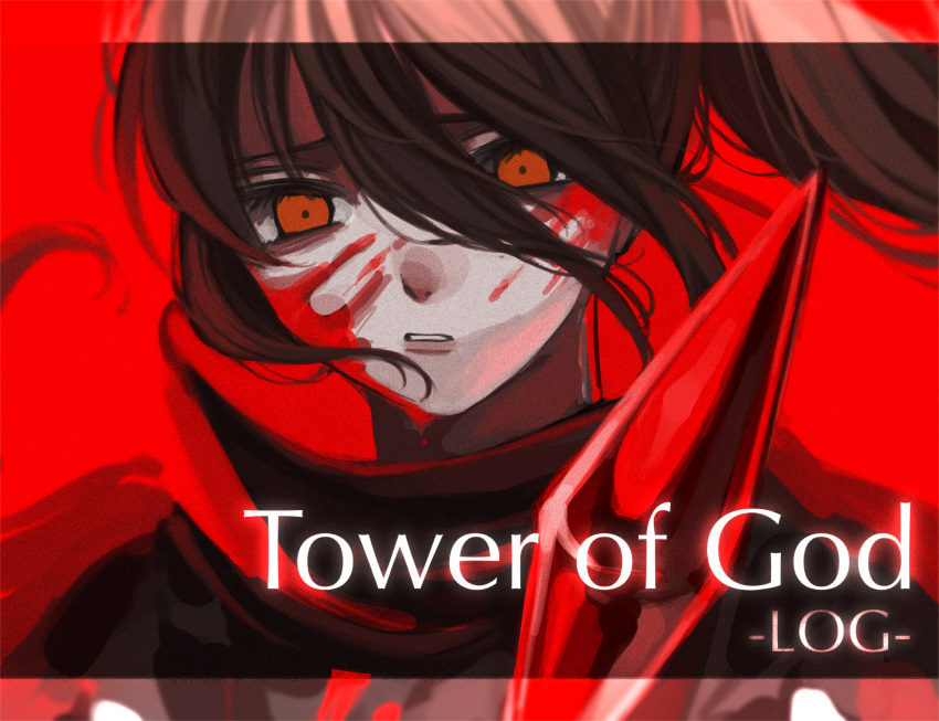 1boy, black_robe, blood, blood_on_face, brown_hair, floating, floating_hair, hair_between_eyes