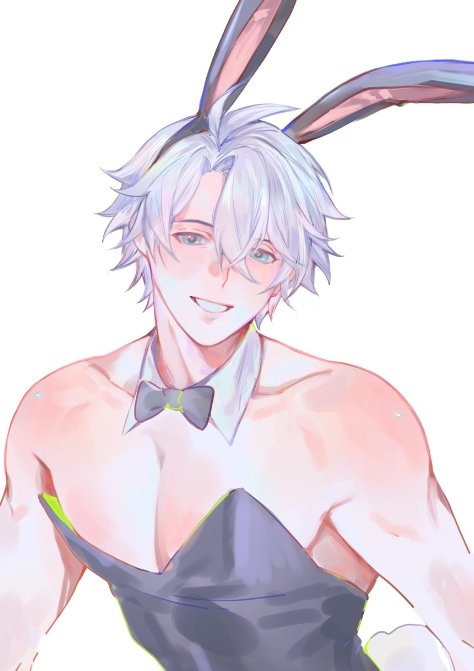 1boy, alicevseliet, animal_ears, antenna_hair, blue_eyes, collarbone, commentary, crossdressing