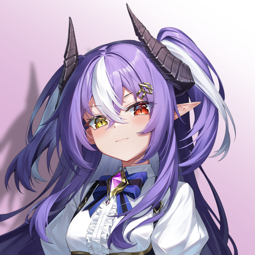 1girl, black_horns, blue_bow, blue_bowtie, blush, bow, bowtie, center_frills