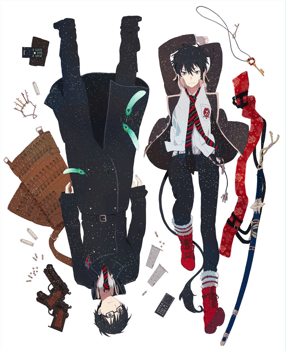 ao_no_exorcist, arms_up, bad_id, belt, black_hair, blue_eyes, boots, brothers
