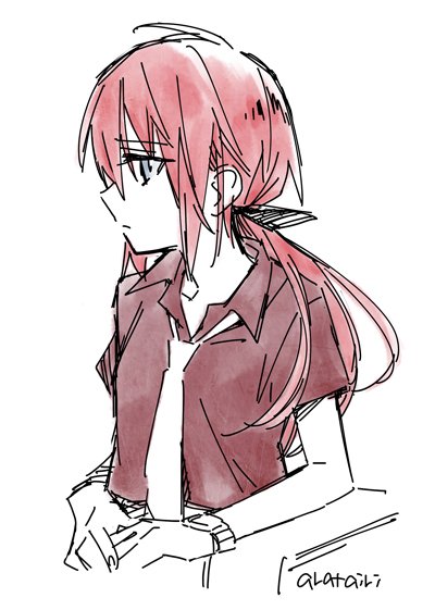 1girl, arata_iri, black_shirt, commentary_request, long_hair, low_ponytail, necktie, ponytail
