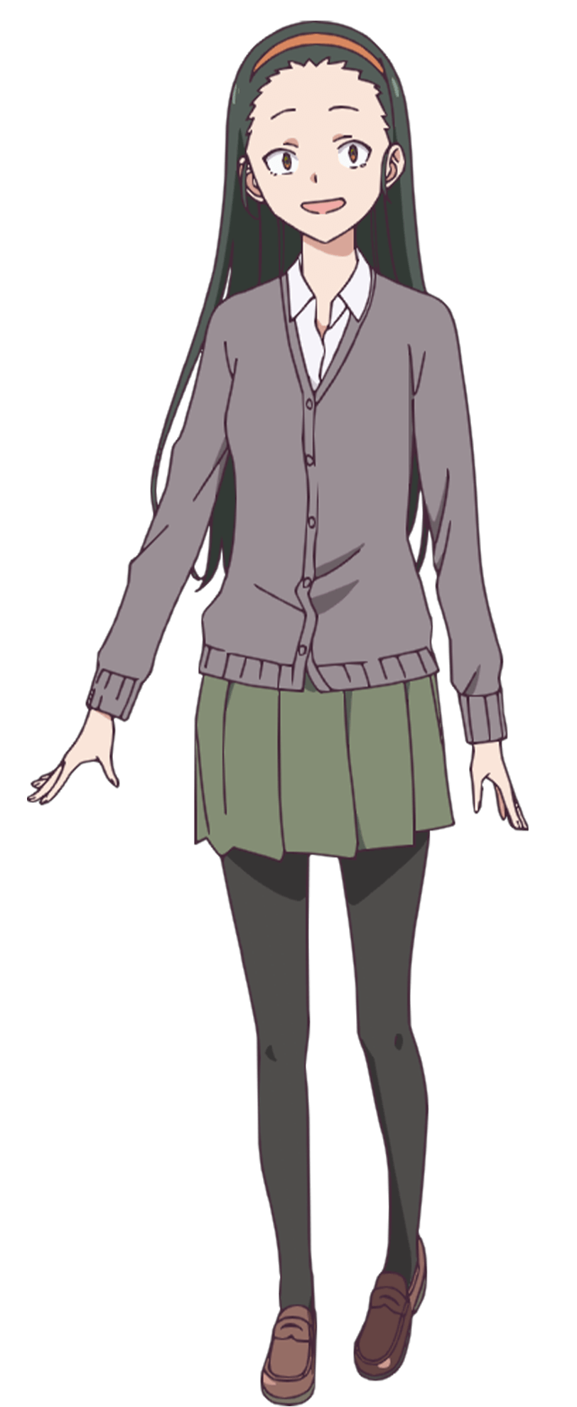 1girl, anime_coloring, black_pantyhose, breasts, brown_eyes, brown_hairband, brown_shoes, cardigan, chanto_suenai_kyuuketsuki-chan, collared_shirt, full_body, green_hair, green_skirt, grey_cardigan, hair_slicked_back, hairband, hashimoto_yui, highres, loafers, long_hair, long_sleeves, looking_at_viewer, official_art, open_hands, open_mouth, pantyhose, pleated_skirt, shirt, shoes, simple_background, skirt, small_breasts, smile, solo, standing, tachi-e, tani_takuya, transparent_background, white_shirt