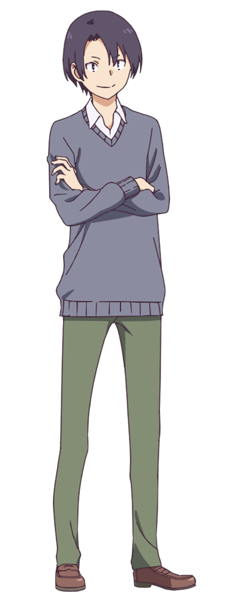 1boy, anime_coloring, brown_shoes, cardigan, chanto_suenai_kyuuketsuki-chan, closed_mouth, collared_shirt, crossed_arms, deguchi_satoru, dress_shoes, full_body, green_pants, grey_cardigan, highres, long_sleeves, looking_at_viewer, official_art, pants, purple_hair, school_uniform, shirt, shoes, short_hair, simple_background, smile, solo, standing, tachi-e, tani_takuya, transparent_background, tsurime, violet_eyes, white_shirt
