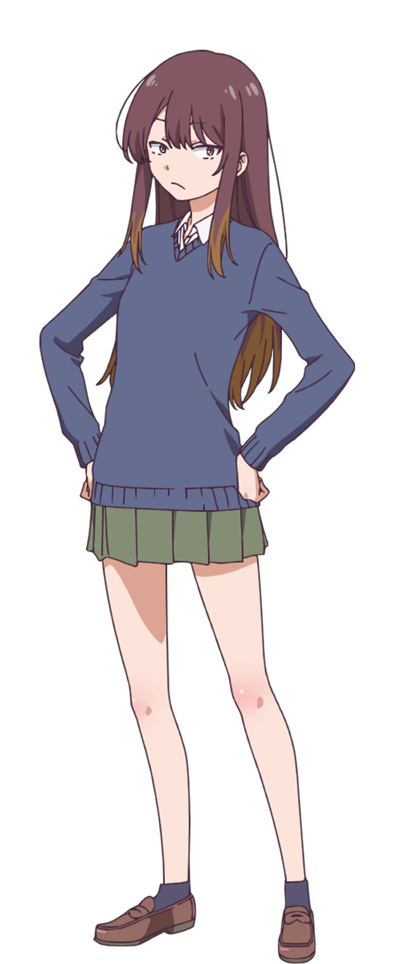 1girl, anime_coloring, black_socks, blue_cardigan, breasts, brown_hair, brown_shoes, cardigan