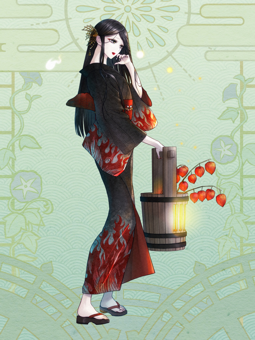 1girl, a-ao_(tw), black_hair, black_kimono, black_nails, chinese_lantern_(plant), dairoku_ryouhei, flame_print