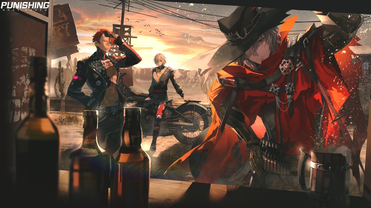 3boys, adjusting_eyewear, arm_up, beer_mug, belt_buckle, black_gloves, black_hat, black_jacket