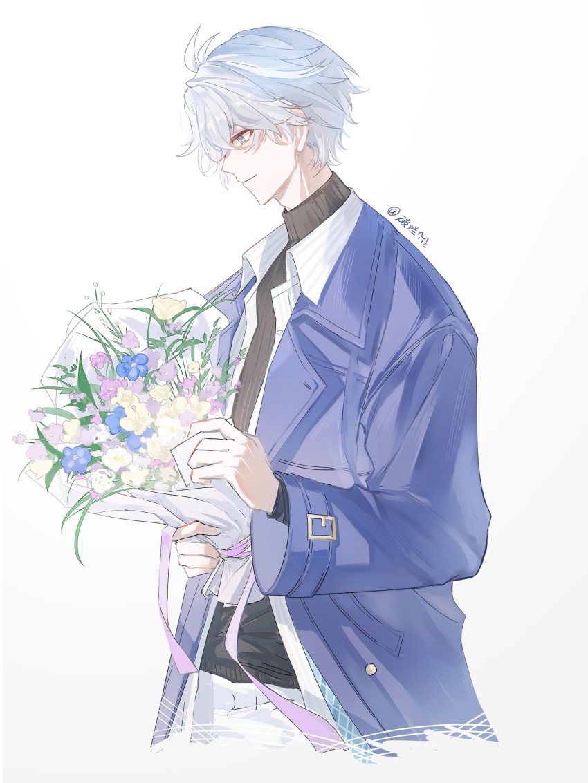 1boy, antenna_hair, black_sweater, blue_coat, blue_eyes, bouquet, closed_mouth, coat