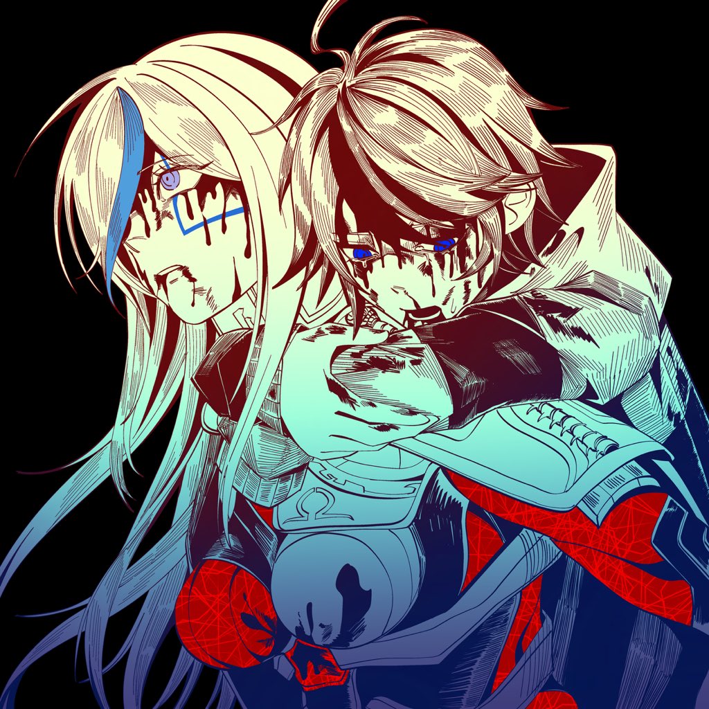 1boy, 1girl, ahoge, armor, black_background, black_bodysuit, blood, blood_from_mouth, blood_on_face, bodysuit, carrying, facial_mark, hand_on_another's_shoulder, lakujox, long_hair, piggyback, red_bodysuit, red_hair, shirt, short_hair, shoulder_armor, spoilers, sumino_takumi, the_hundred_line_-last_defense_academy-, v'ehxness, violet_eyes, white_hair, white_shirt
