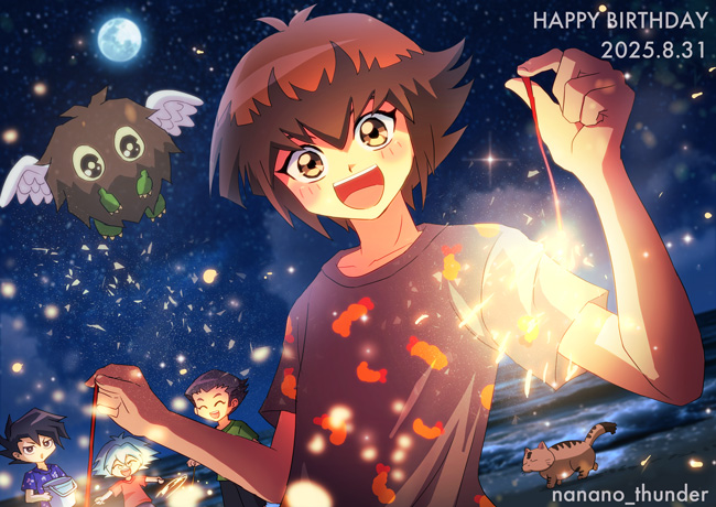 angel_wings, beach, blush, brown_eyes, brown_hair, duel_monster, fireworks, full_moon