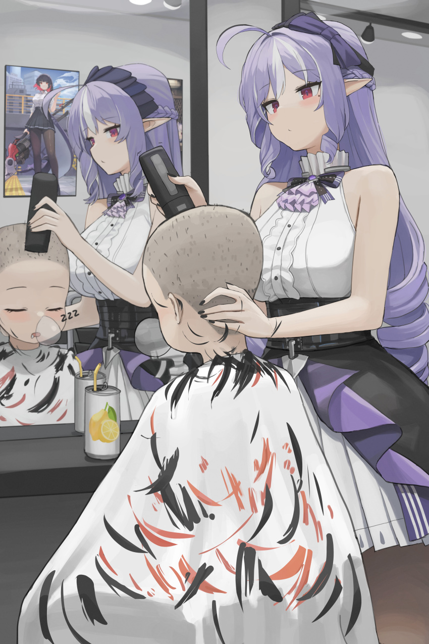 2girls, absurdres, ascot, bald, bald_female, barber, barber_cape, bow