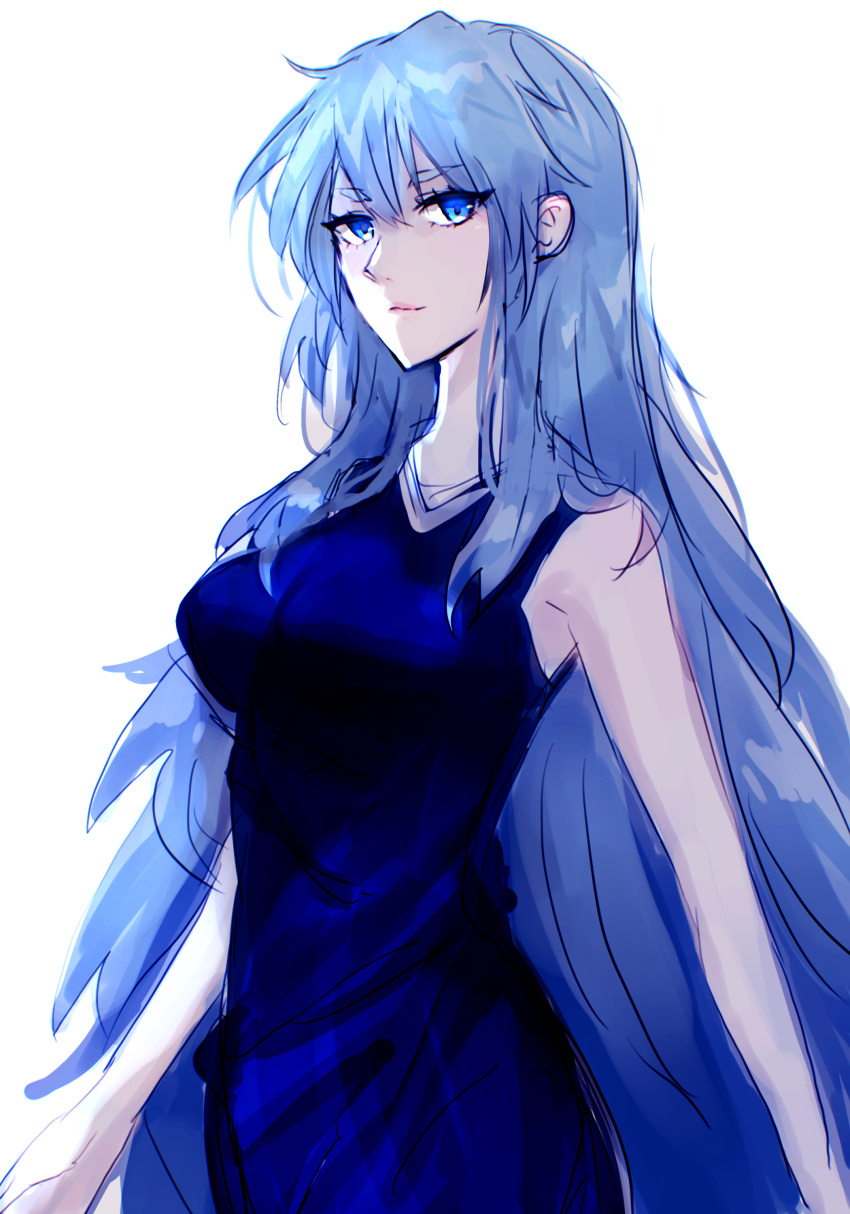 1girl, absurdres, bare_shoulders, blue_dress, blue_eyes, breasts, dress, hair_between_eyes