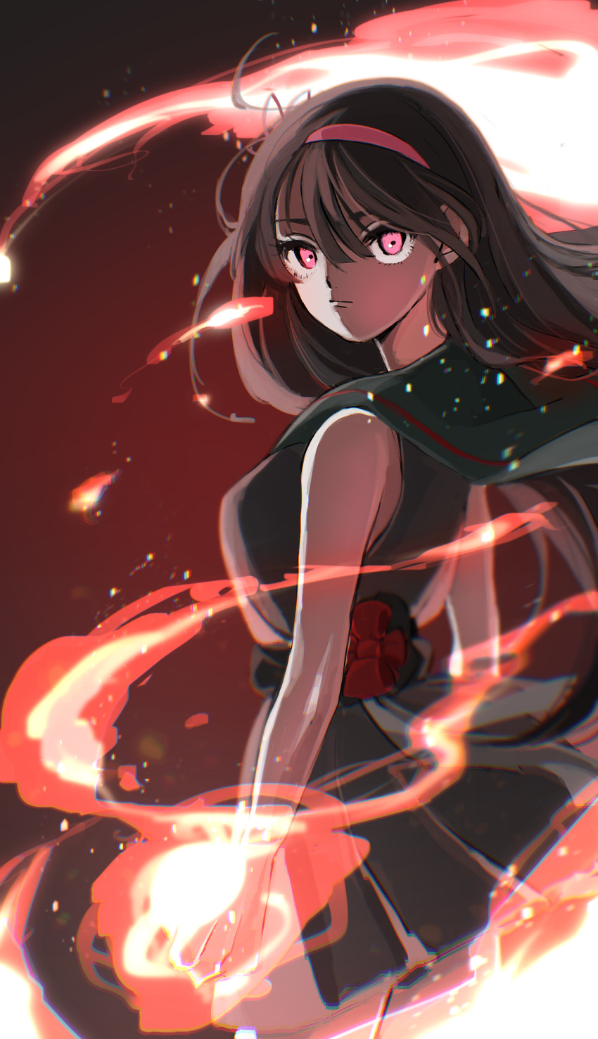 1girl, bare_shoulders, black_background, black_hair, black_sailor_collar, black_skirt, breasts, clenched_hand