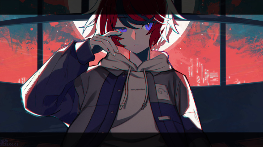 1boy, absurdres, black_hair, blue_eyes, blue_jacket, chromatic_aberration, closed_mouth, commentary