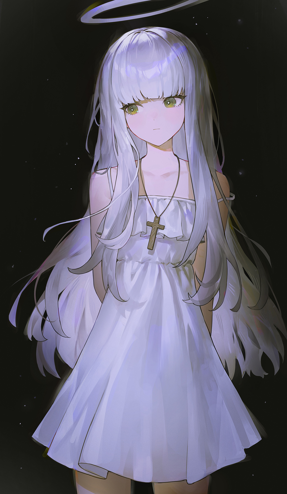 1girl, arms_behind_back, bare_arms, bare_shoulders, black_background, blunt_bangs, closed_mouth, collarbone