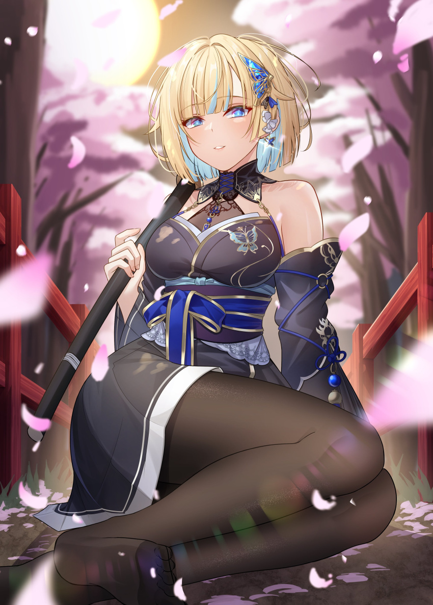 absurdres, aizawa_ema, aizawa_ema_(5th_costume), animal_print, anzusouda, backless_kimono, bare_shoulders, butterfly_earrings, butterfly_hair_ornament, butterfly_print, earrings, furisode_sleeves, hair_ornament, highres, jewelry, kimono_dress, long_sleeves, multicolored_hair, pantyhose, see-through_cleavage, see-through_clothes