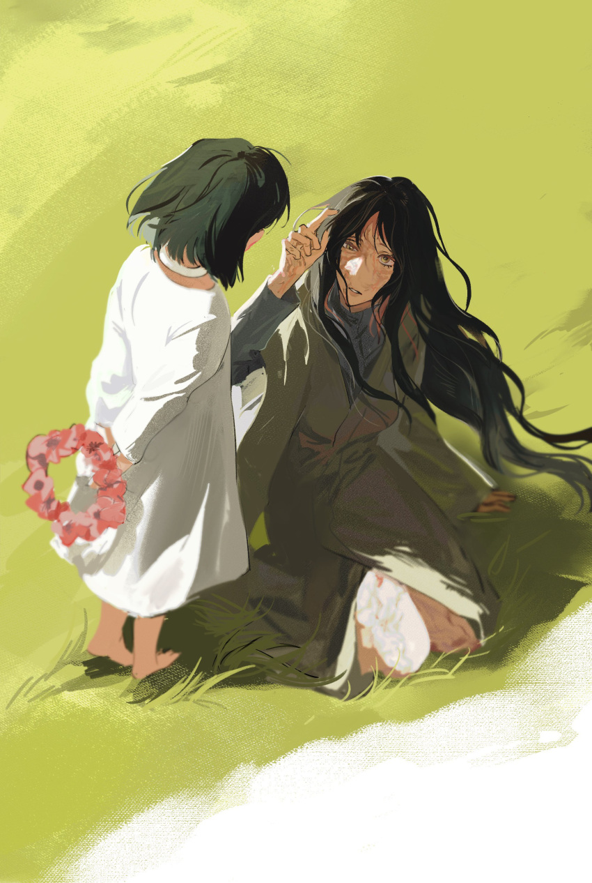 22_(22mimi2434), 2girls, absurdres, aged_down, alien_stage, black_hair, burn_scar, choker