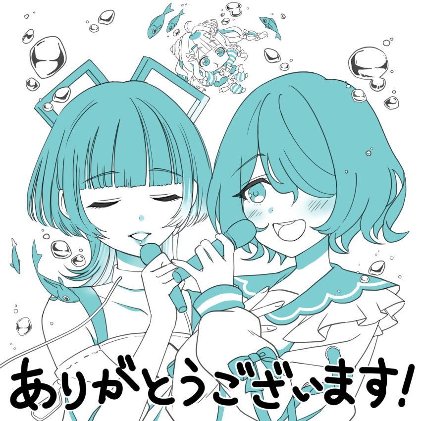 3girls, aisuu_(voisona), aqua_theme, artist_request, bun_with_braided_base, chibi, closed_eyes, double_bun