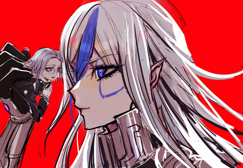 1boy, 1girl, aotsuki_eito, armor, black_gloves, black_jacket, blue_eyes, blue_streaks
