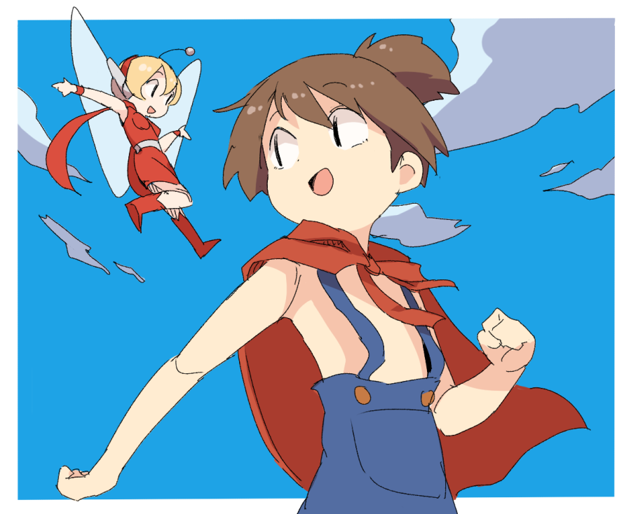 1boy, 1girl, black_eyes, blue_overalls, blue_sky, boots, border, breasts