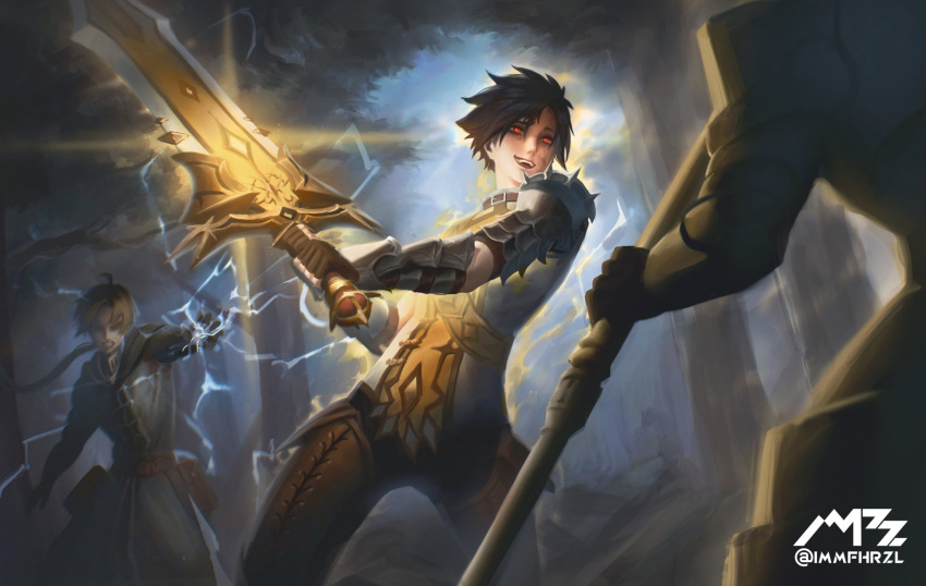 3boys, arm_armor, armor, casting_spell, clenched_teeth, evil_smile, fighting, highres, holding, holding_staff, holding_weapon, huge_weapon, imamfhrzl14, lightning, multiple_boys, mushoku_tensei, red_eyes, rudeus_greyrat, sandor_von_grandeur, smile, staff, teeth, weapon