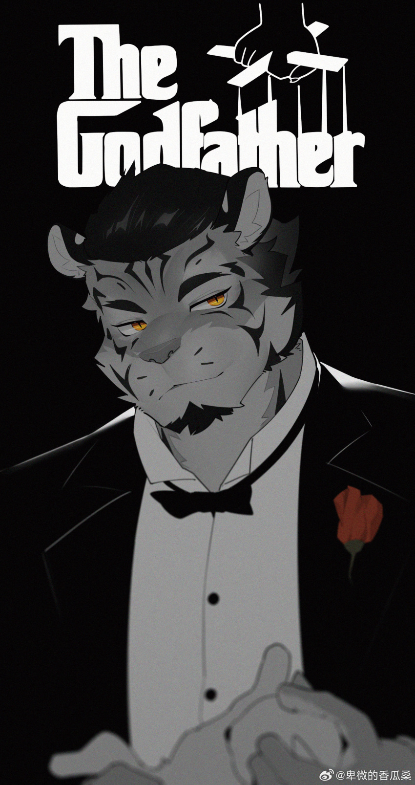1boy, absurdres, animal_ears, bow, bowtie, cat, chinese_commentary, closed_mouth, commentary_request, copyright_name, derivative_work, furry, furry_male, furrybar, highres, looking_to_the_side, male_focus, partially_colored, piero03432812, quentin_(furrybar), smile, the_godfather, tiger_boy, tiger_ears, tiger_stripes, upper_body, watermark, weibo_watermark