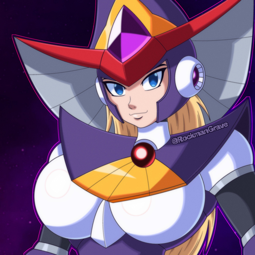 1girl, absurdres, android, armor, berkana_(mega_man), black_bodysuit, blonde_hair, blue_eyes