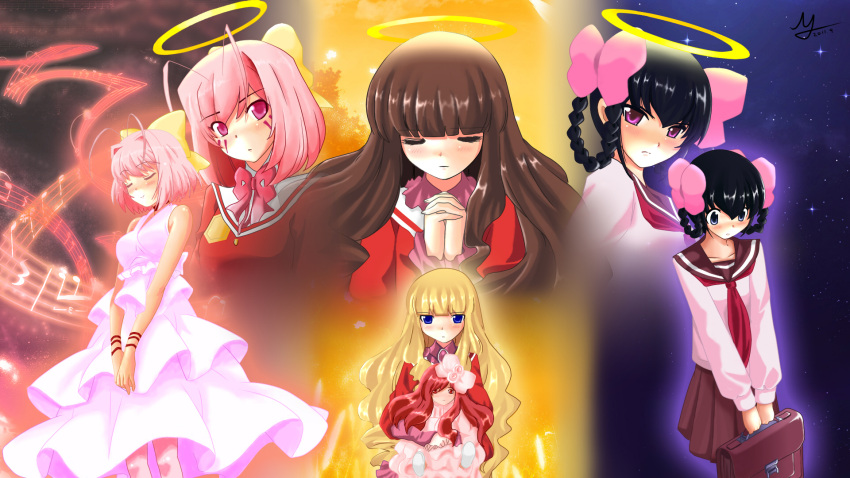 antenna_hair, apollo_(kaminomi), ayukawa_tenri, black_hair, blonde_hair, bow, braid, brown_hair