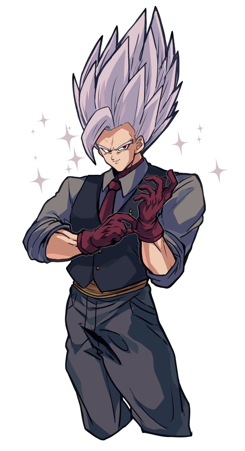 1boy, absurdres, adjusting_clothes, adjusting_gloves, black_vest, commentary_request, cowboy_shot, dragon_ball