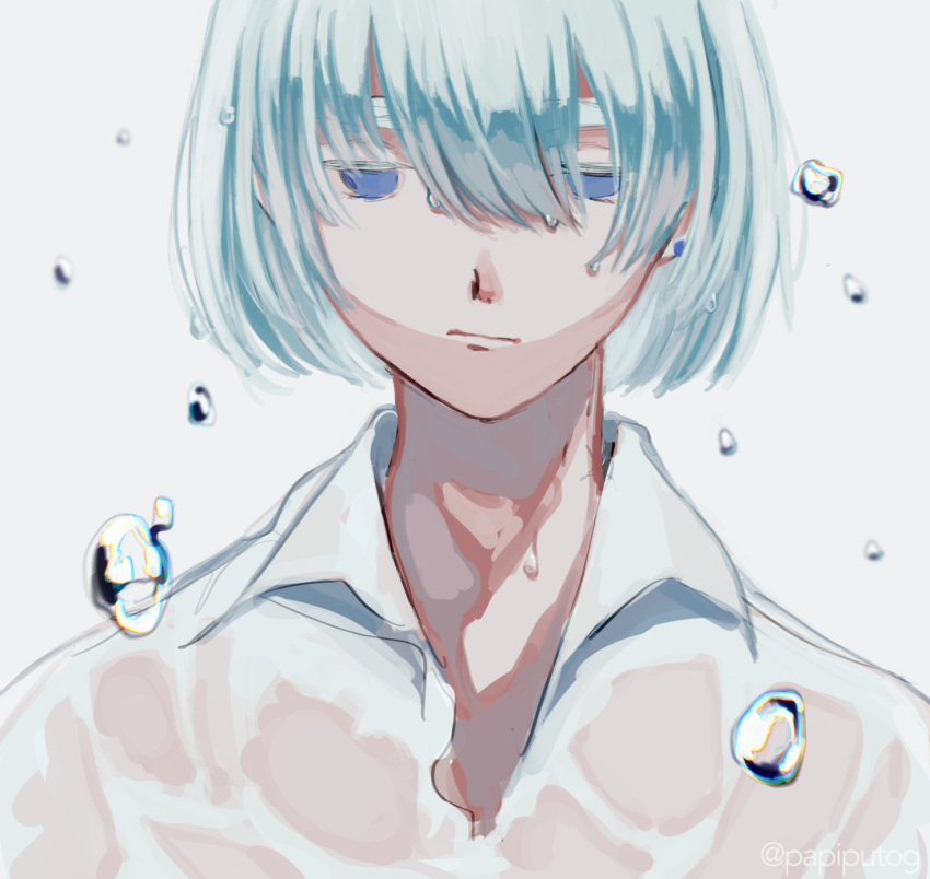 1boy, blue_eyes, blue_hair, closed_mouth, collared_shirt, earrings, highres, jewelry