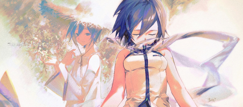 2girls, bare_shoulders, beret_cj, blue_eyes, blue_hair, blue_scarf, breasts, closed_eyes