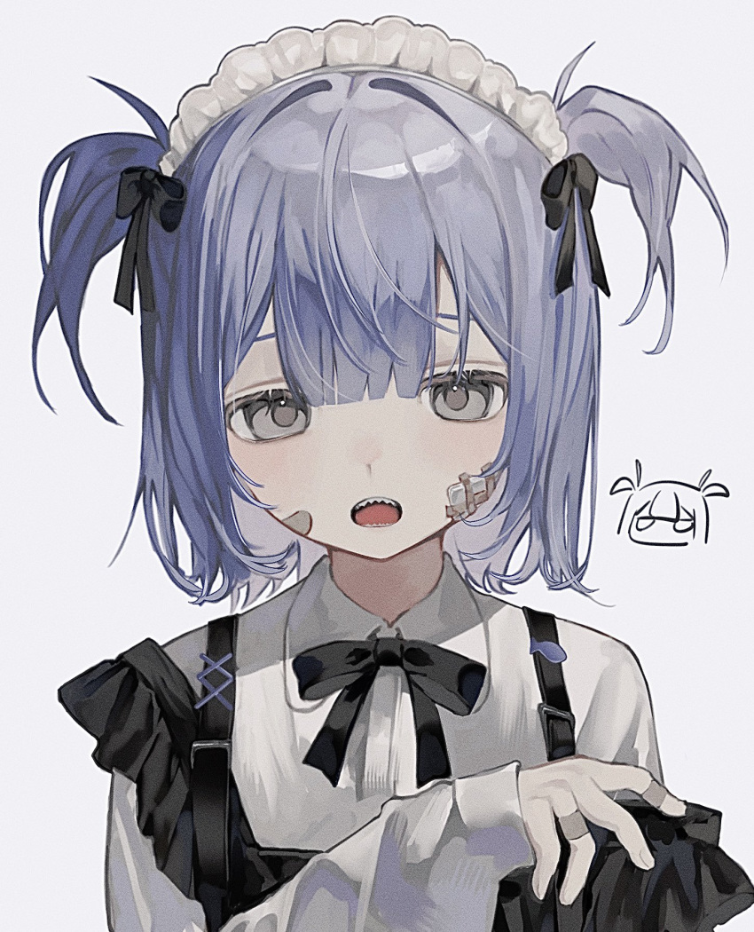 1girl, bandaid, bandaid_on_cheek, bandaid_on_face, blue_hair, blunt_bangs, collared_shirt, commentary