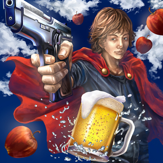 apple, beer, blonde_hair, cape, cloud, clouds, food, fruit
