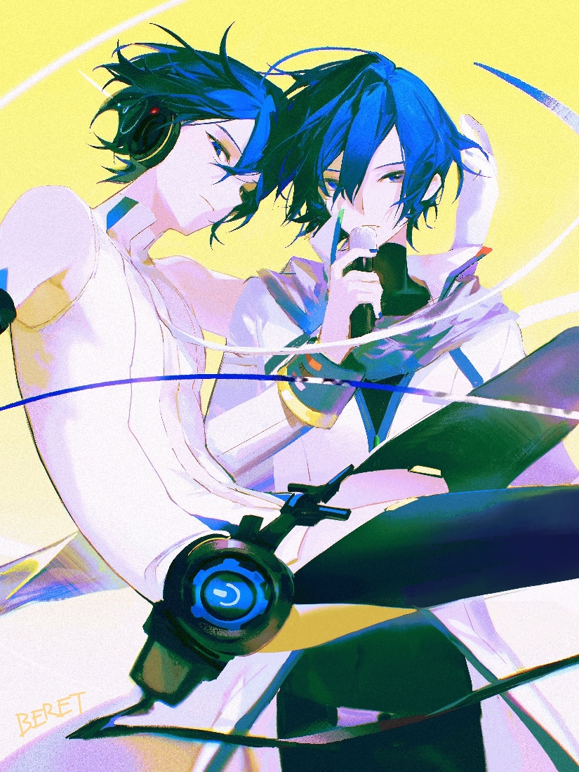 2boys, alternate_costume, artist_name, bare_shoulders, beret_cj, black_pants, black_shirt, blue_eyes