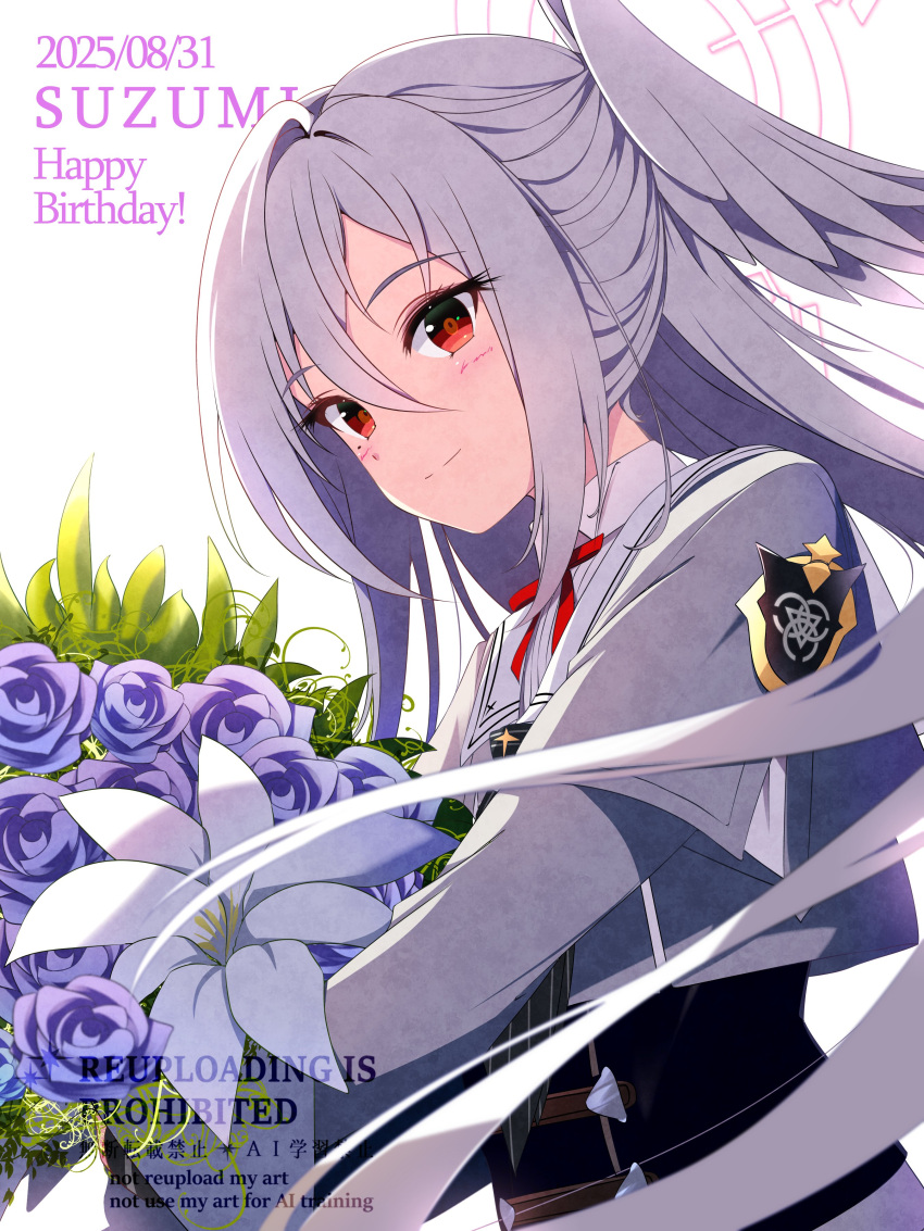 1girl, absurdres, angel_wings, blue_archive, flower, furisuku_(gerbera), grey_shirt, hair_between_eyes