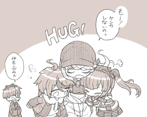 2boys, 2girls, ahoge, amemiya_darumi, bow, chiyo408, closed_eyes, clothes_around_waist, commentary_request, crop_top, deformed, drawstring, english_text, eyepatch, group_hug, hair_bow, hat, hatching_(texture), hood, hood_down, hoodie, hug, jacket, jacket_around_waist, jacket_over_hoodie, japanese_clothes, kawana_tsubasa, kimono, linear_hatching, long_hair, long_sleeves, lowres, miniskirt, monochrome, multiple_boys, multiple_girls, navel, omokage_yugamu, open_clothes, open_jacket, open_mouth, pleated_skirt, print_eyepatch, puff_of_air, sepia, shirt, short_hair, skirt, smile, sound_effects, speech_bubble, striped_clothes, striped_shirt, sumino_takumi, the_hundred_line_-last_defense_academy-, translation_request, twintails, u_u